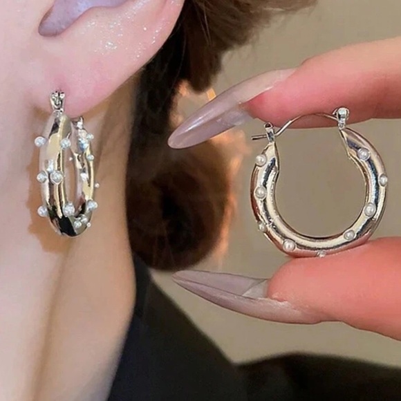 Anthropologie Jewelry - Silver pearl hoop earrings